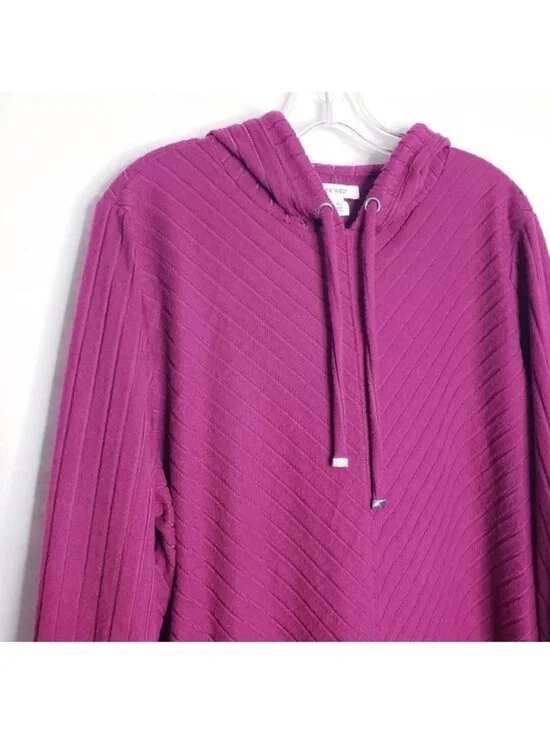 Nine West Purple Ribbed Knit Hooded Pullover Hoodie Tunic Top Women's Size XL - Picture 2 of 7